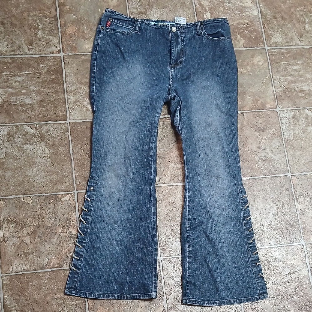 Dark Wash Girls Flared Jeans with Ankle Flare Lace-Up Detail